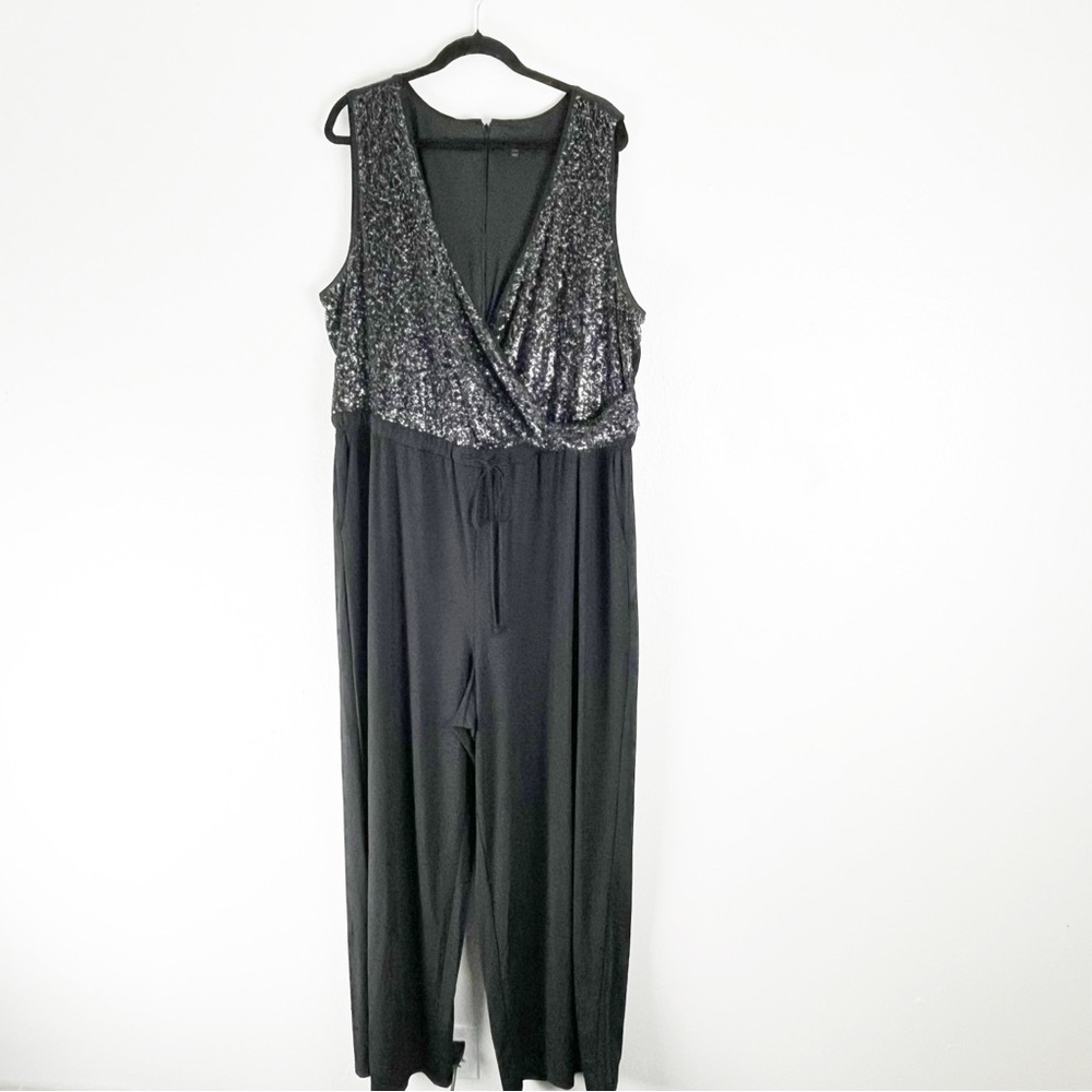 LANE BRYANT Black Sequin V-Neck Sleeveless Pockets Wide Legs Jumpsuit Size 22/24